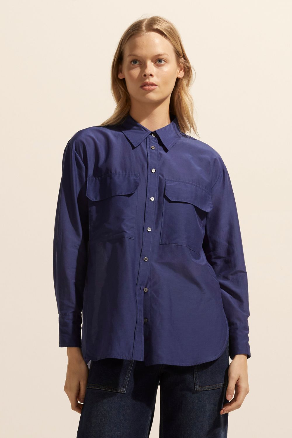 blue, shirt, long-sleeve, button-up shirt, collar, front patch pockets, side splits, front image