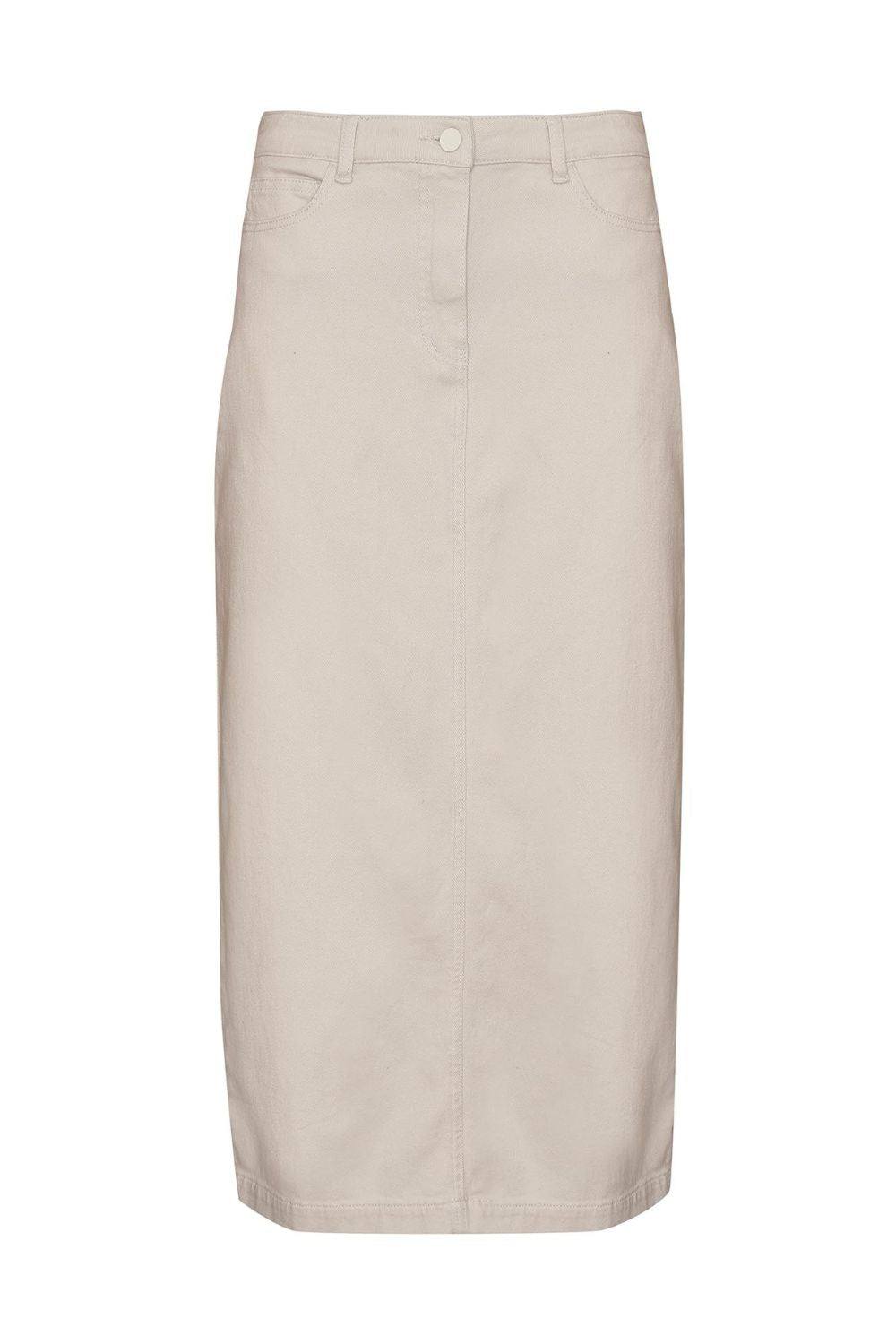 stone, cream midi skirt, denim midi skirt, denim skirt, side and back pockets, product image