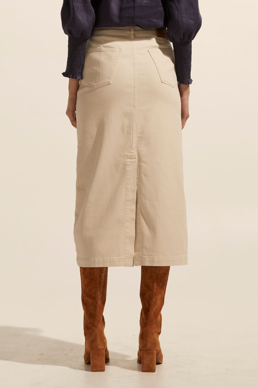stone, cream midi skirt, denim midi skirt, denim skirt, side and back pockets, back image