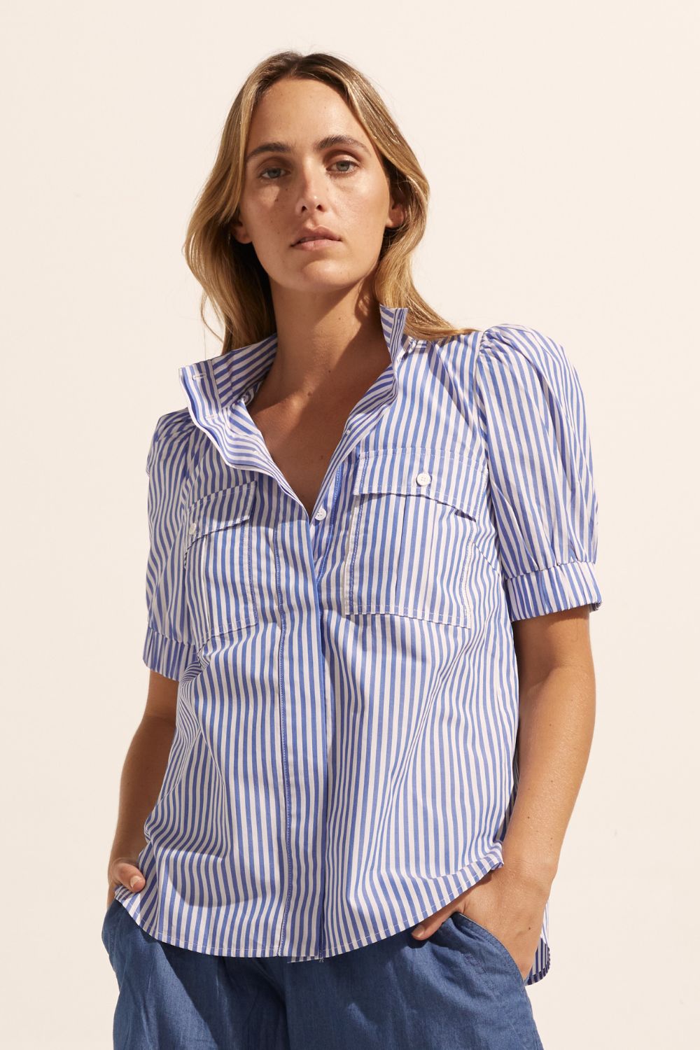 blue and white stripe, high neck, button down, mid length sleeve, curved hem, shirt, front image
