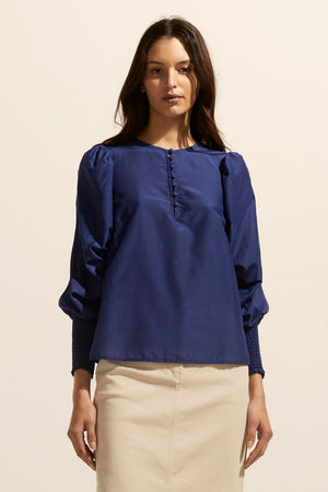 slate blue, blue, top, long sleeve, shirred cuffs, blouson sleeve, covered buttons round neckline, front image