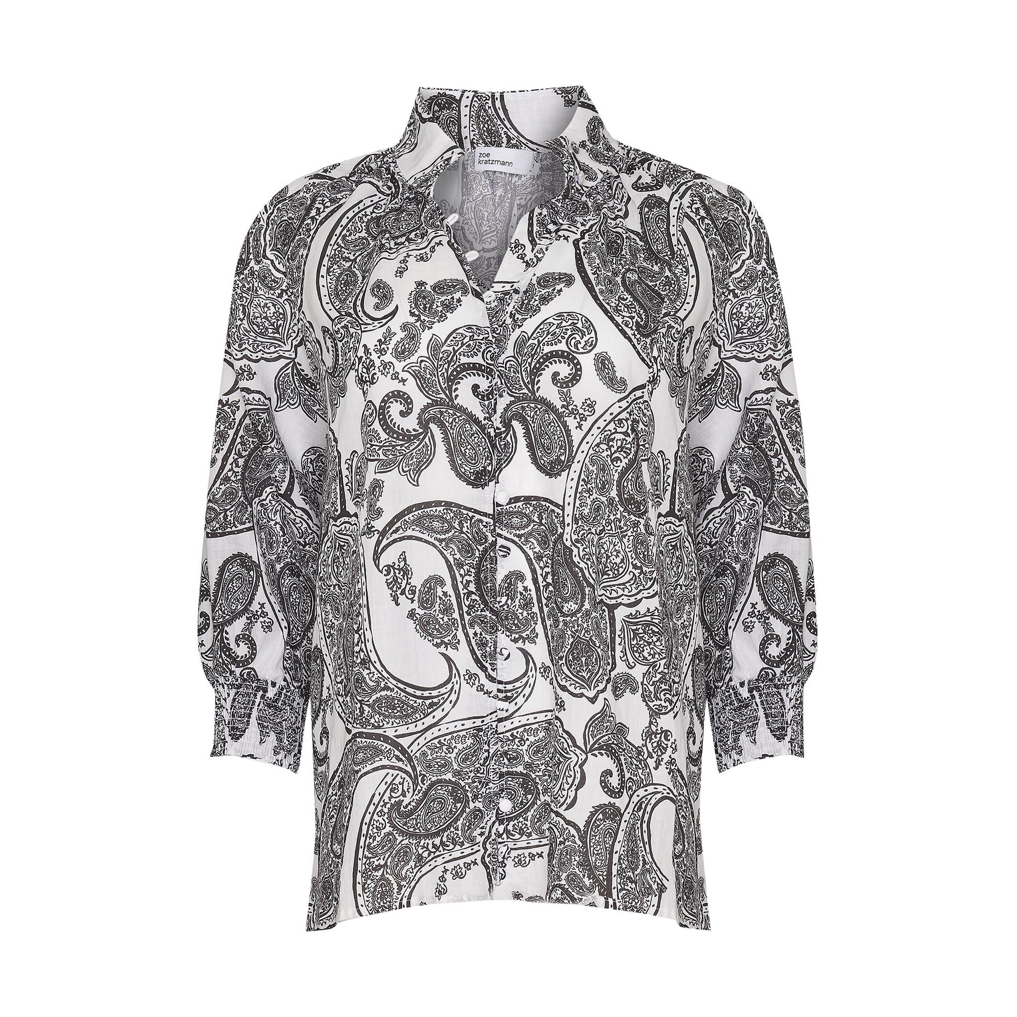 black and white print, high neck, button up, top, product image