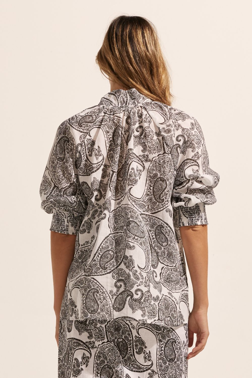 black and white print, high neck, button up, top, back view