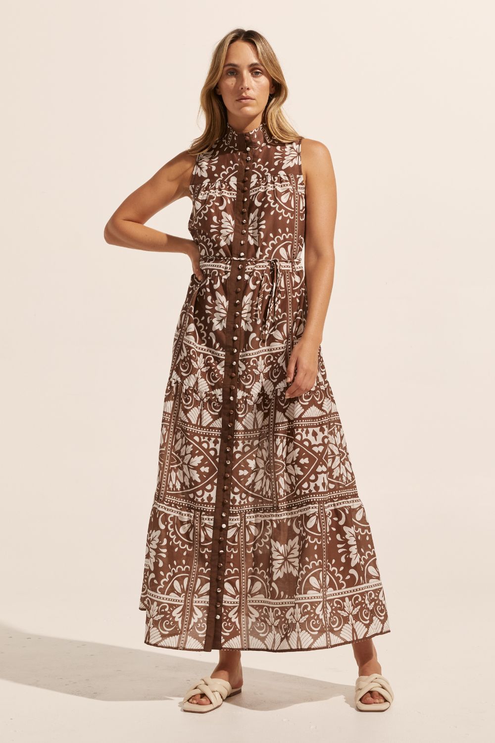 brown and white print, high neck, buttons down centre, thin fabric belt, sleeveless, dress, front view