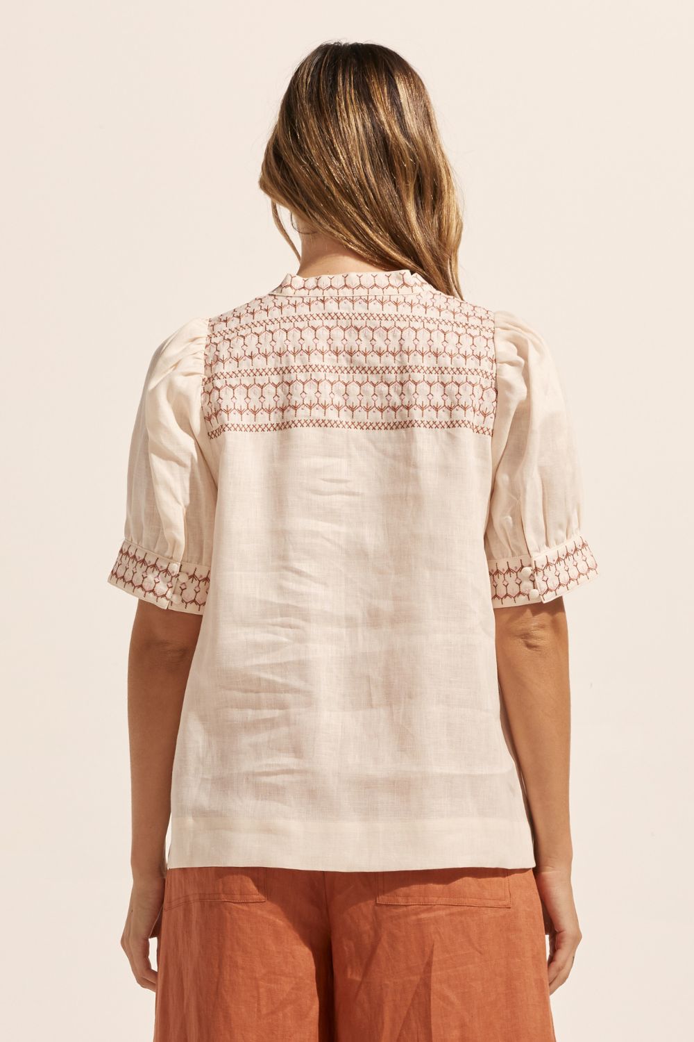 cream, embroidery, mid length sleeve, round neckline, deep v centre, top, back image