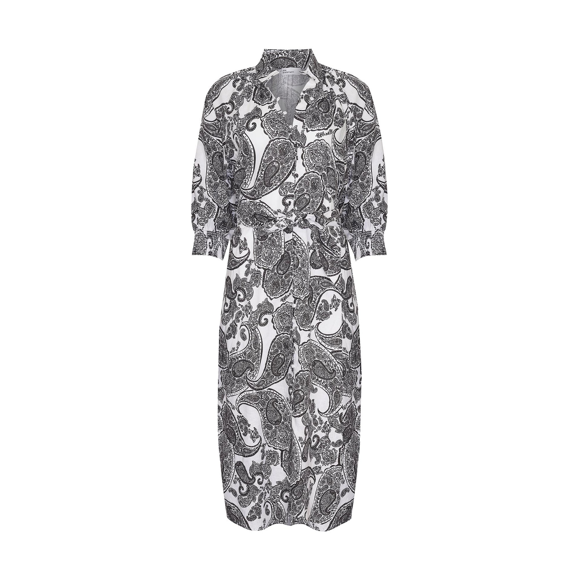 black and white print, self tie fabric belt, high neck, mid length sleeve, midi dress, side pockets, product image