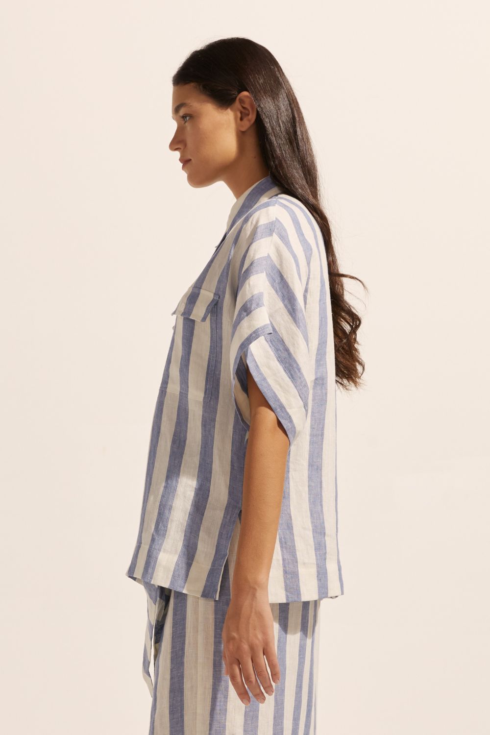 blue and white stripe, shirt, oversized pockets, short sleeve, linen, side view
