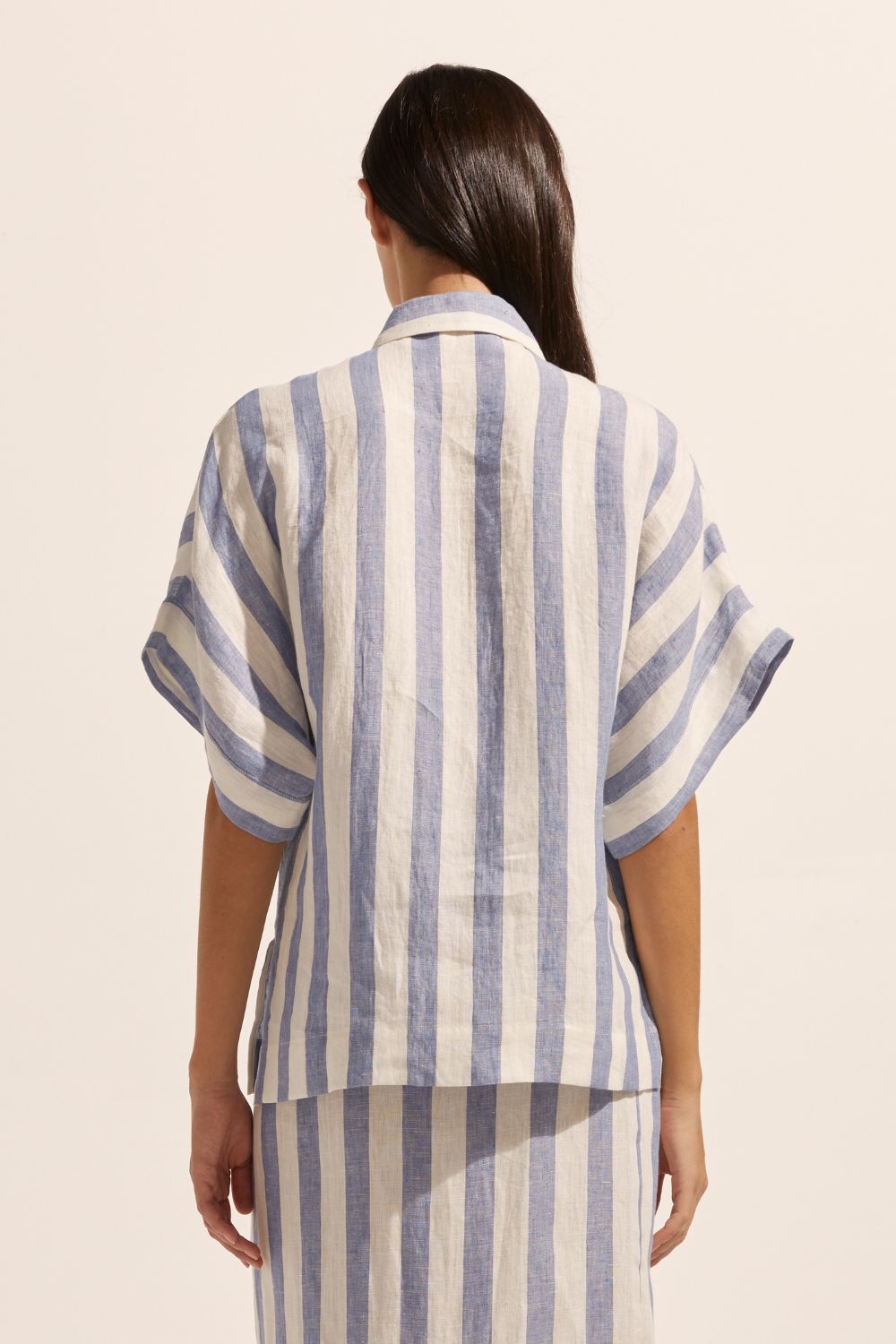 blue and white stripe, shirt, oversized pockets, short sleeve, linen, back view