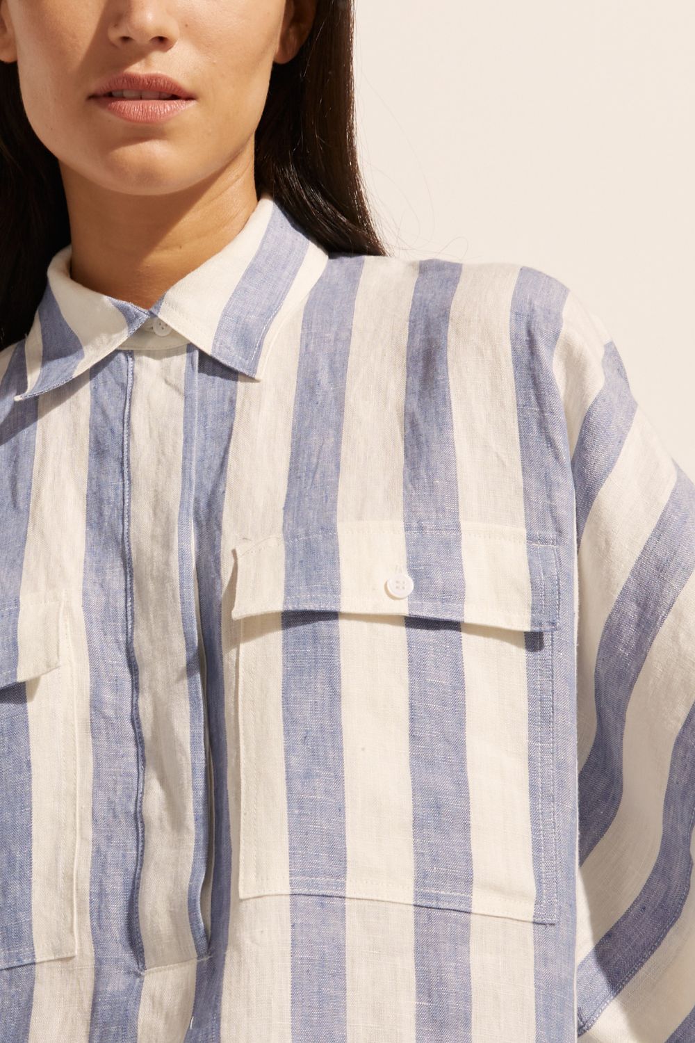 blue and white stripe, shirt, oversized pockets, short sleeve, linen, close up view