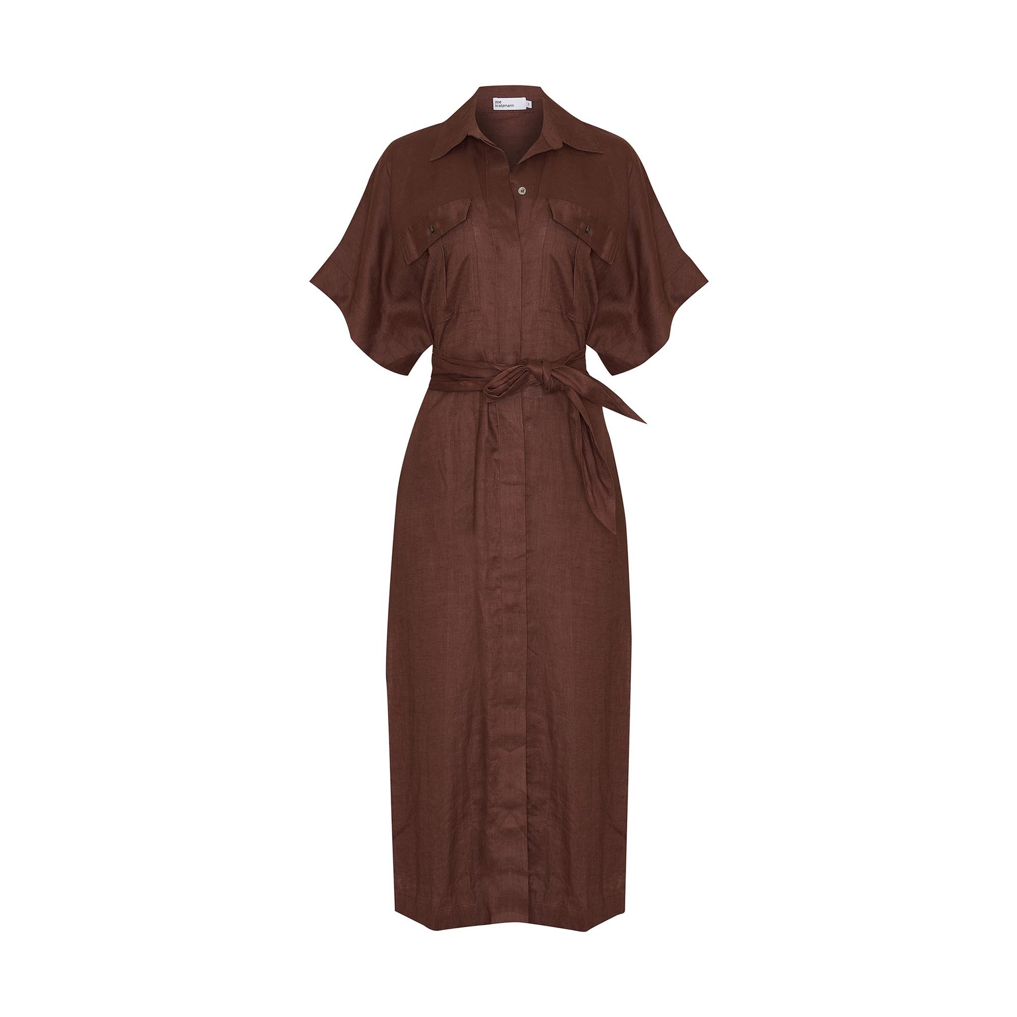brown, dress, midi dress, side splits, oversized patch pockets, self tie fabric belt, short sleeve, product image
