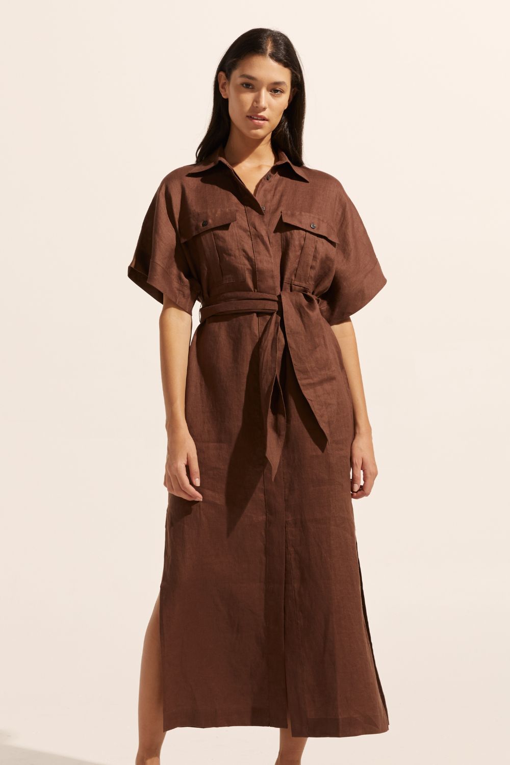 brown, dress, midi dress, side splits, oversized patch pockets, self tie fabric belt, short sleeve, front image