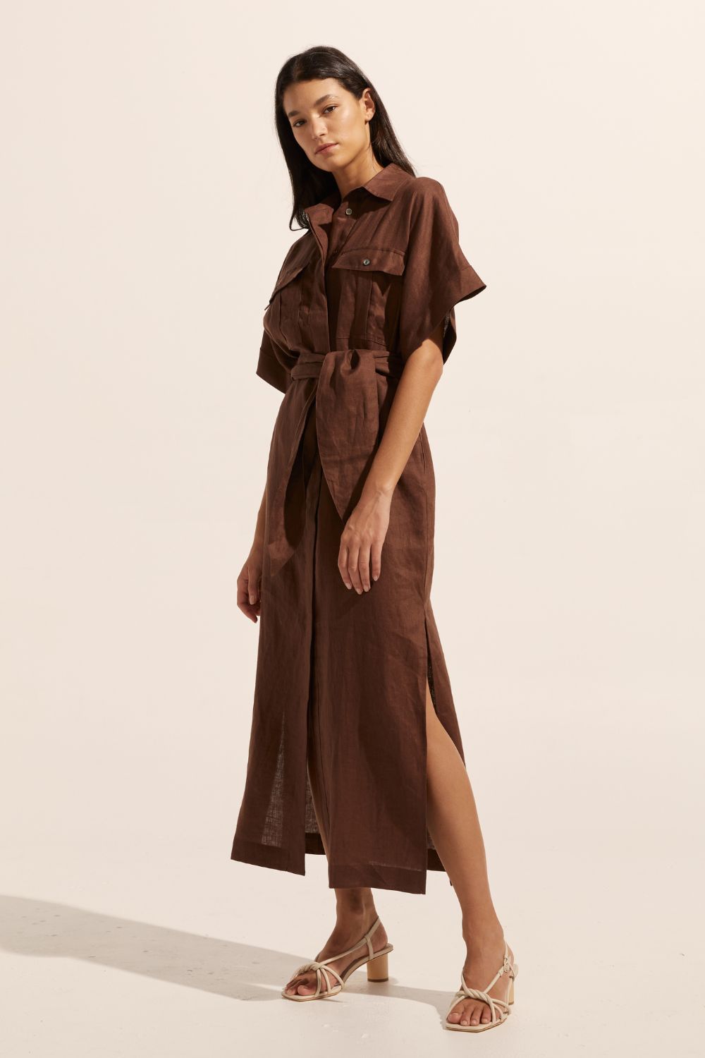 brown, dress, midi dress, side splits, oversized patch pockets, self tie fabric belt, short sleeve, side image