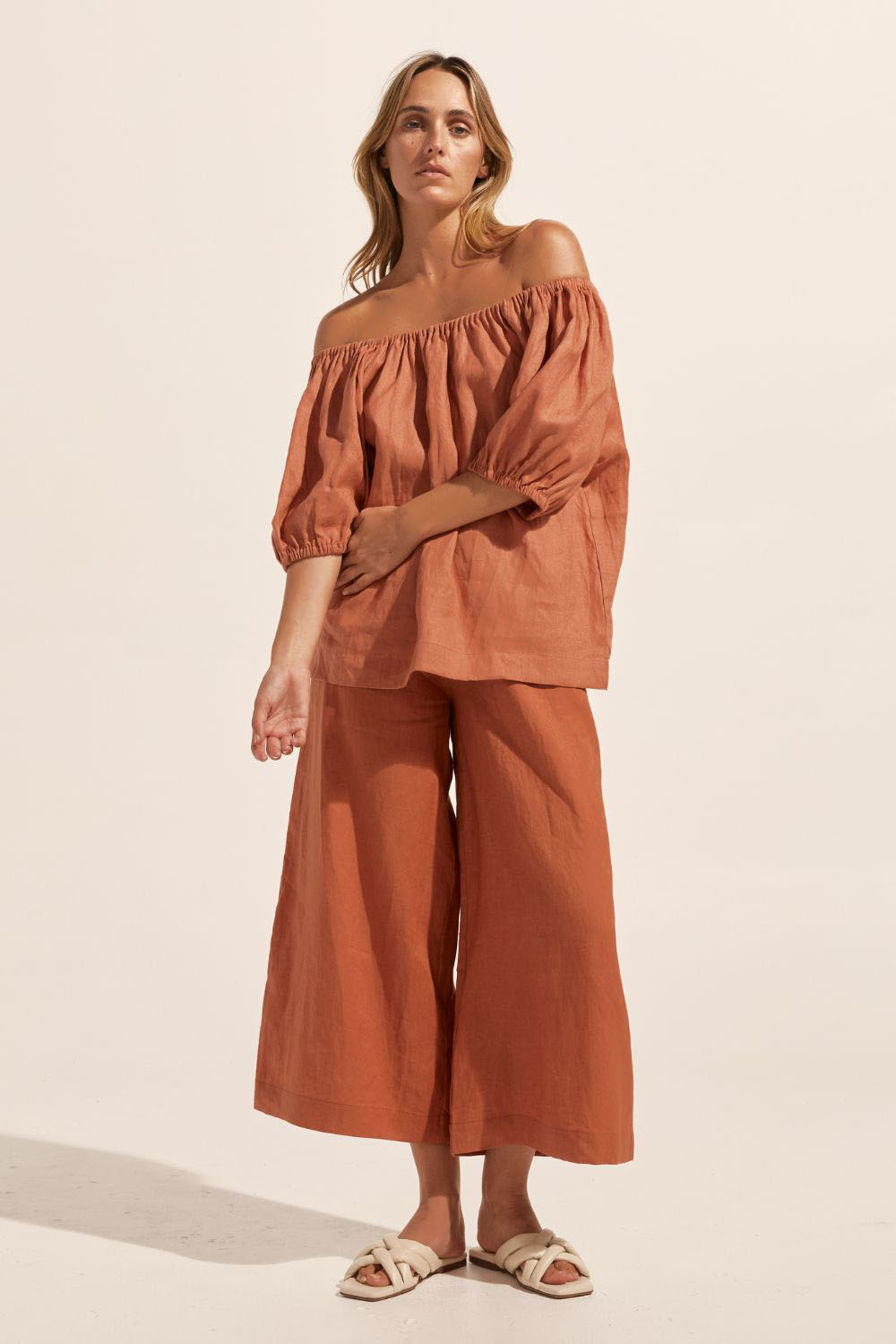 ginger, top, off-the-shoulder, mid-length sleeve, small side splits, elasticated sleeve cuff, tie at back, front image