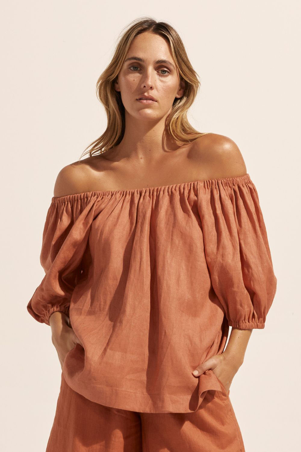 ginger, top, off-the-shoulder, mid-length sleeve, small side splits, elasticated sleeve cuff, tie at back, front image