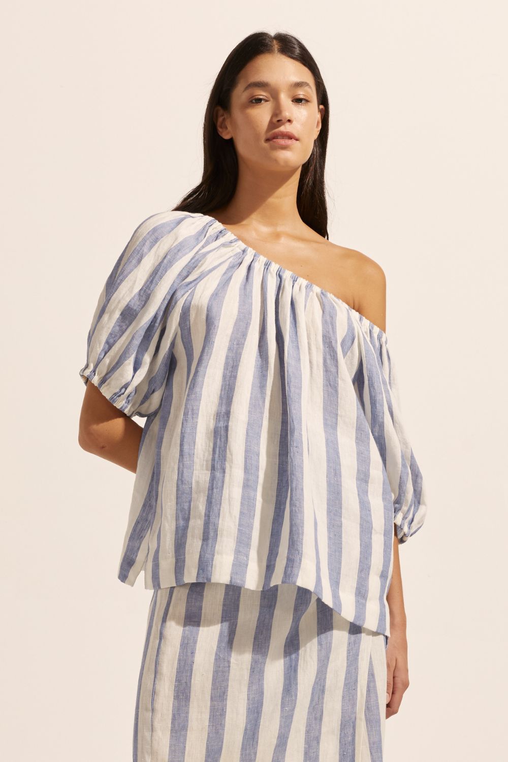 blue and white stripe, top, off the shoulder, mid length sleeve, front image