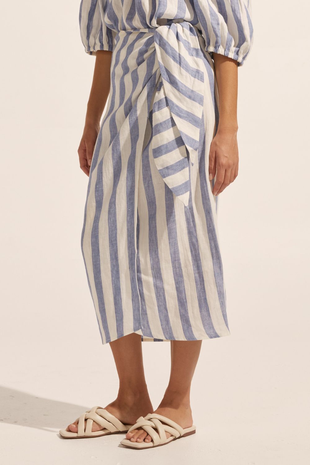 blue and white stripe, midi skirt, side tie, skirt, side view