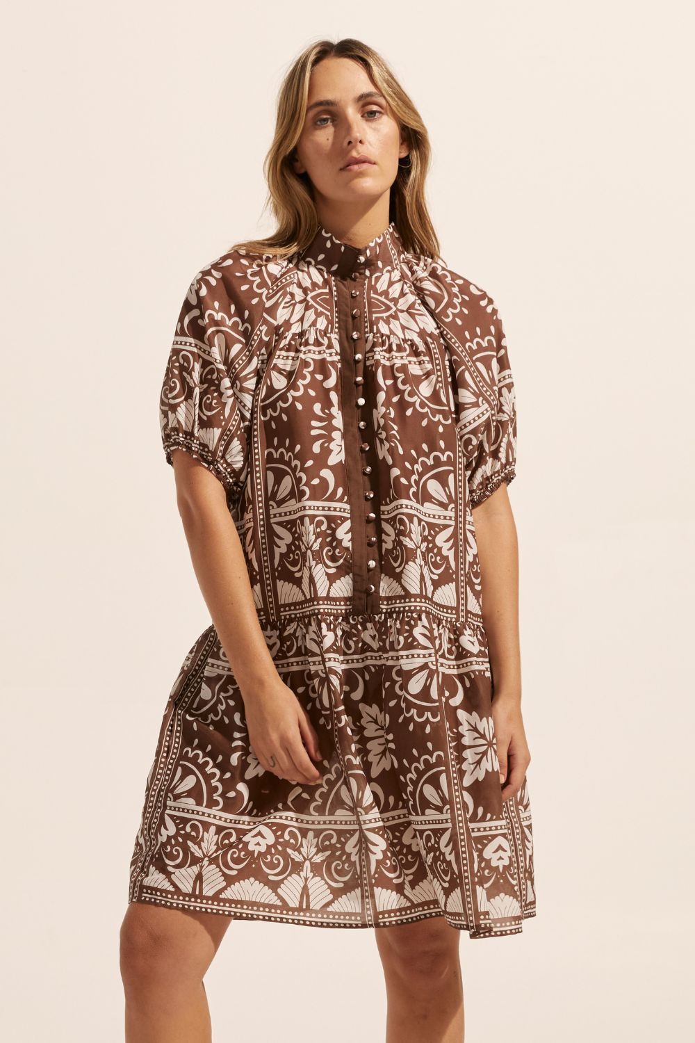 brown and white print, high neck, buttons to waist, mid length sleeve, dress, drop waist, front image