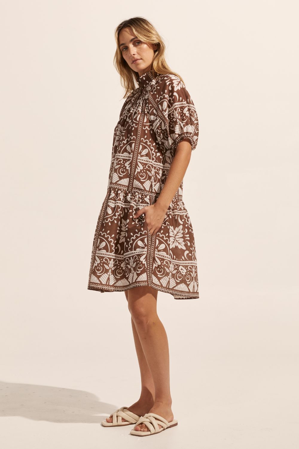 brown and white print, high neck, buttons to waist, mid length sleeve, dress, drop waist, side image