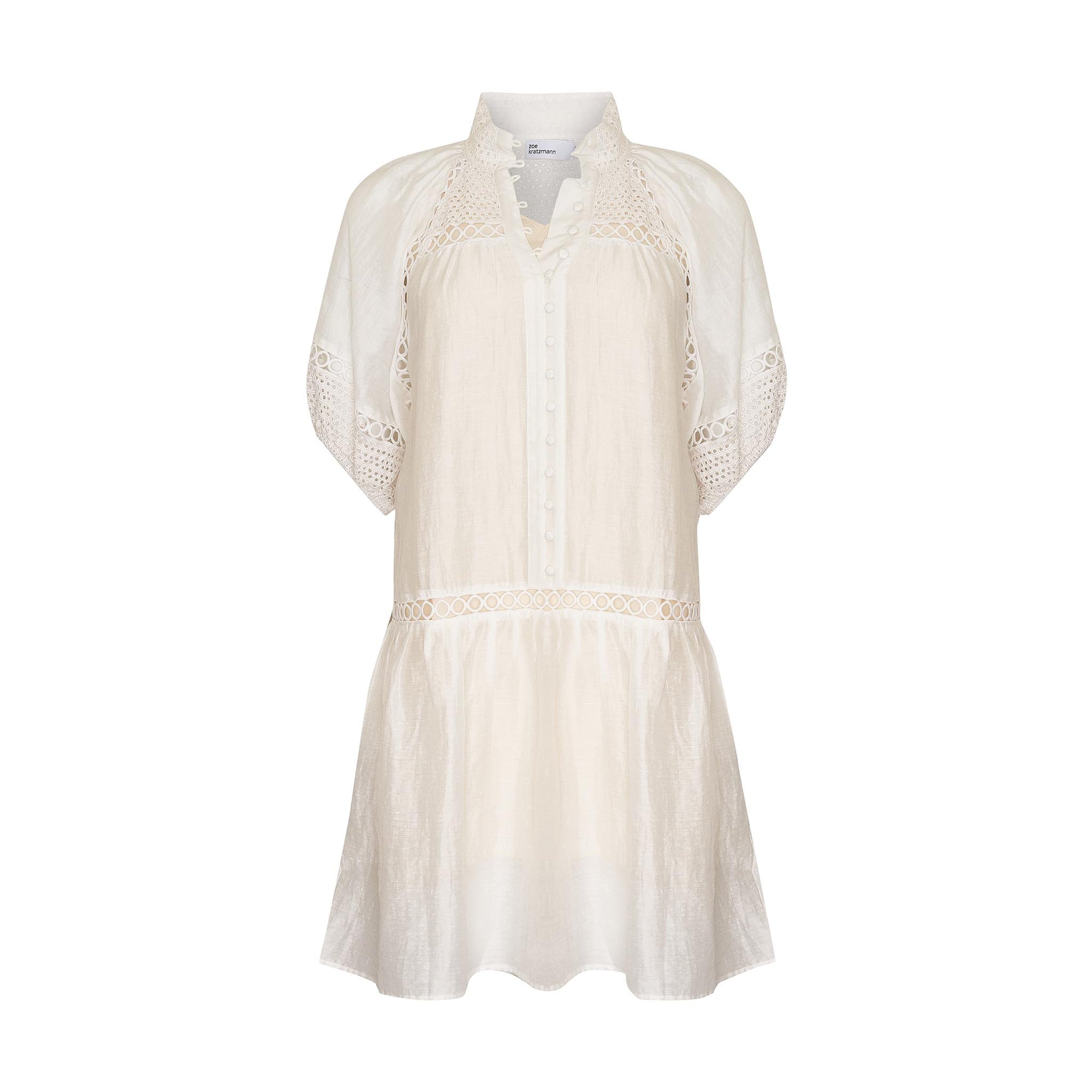 white, high neck, covered buttons, circular lace detailing, drop waist, mid-length sleeve, mini dress, product image
