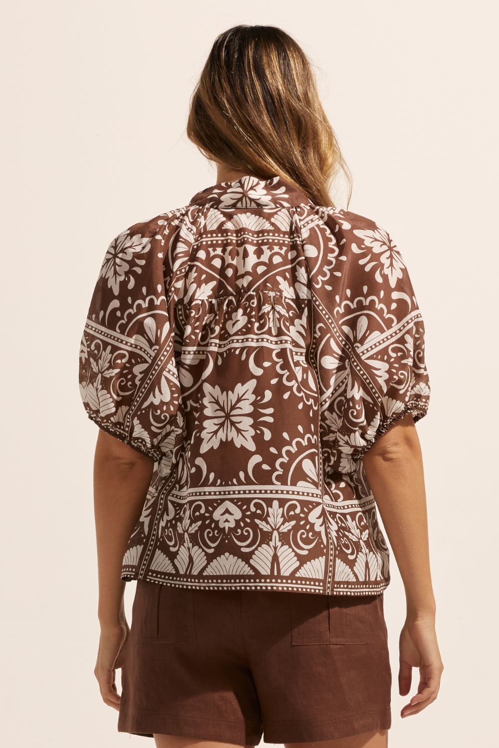brown and white print, top, high neck, button down, mid length sleeve, back image