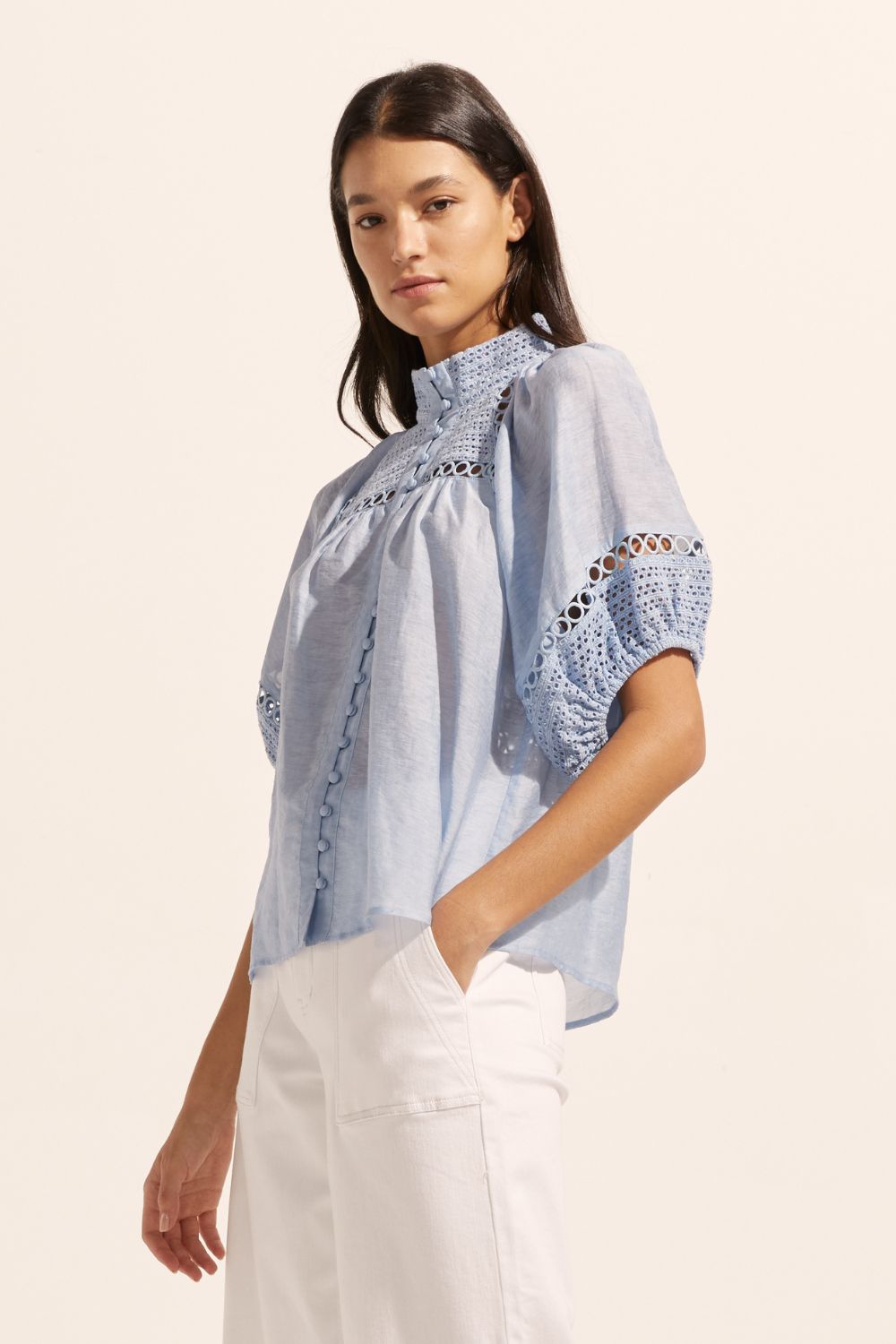 blue, top, high neck, mid-length sleeve, covered buttons, circular lace detailing, side image