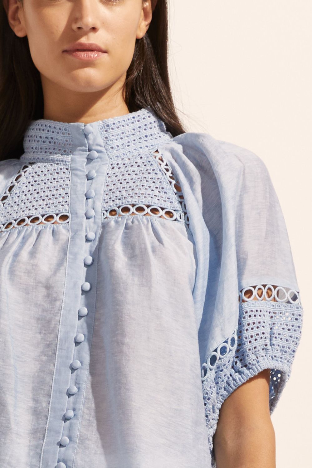 blue, top, high neck, mid-length sleeve, covered buttons, circular lace detailing, close up image