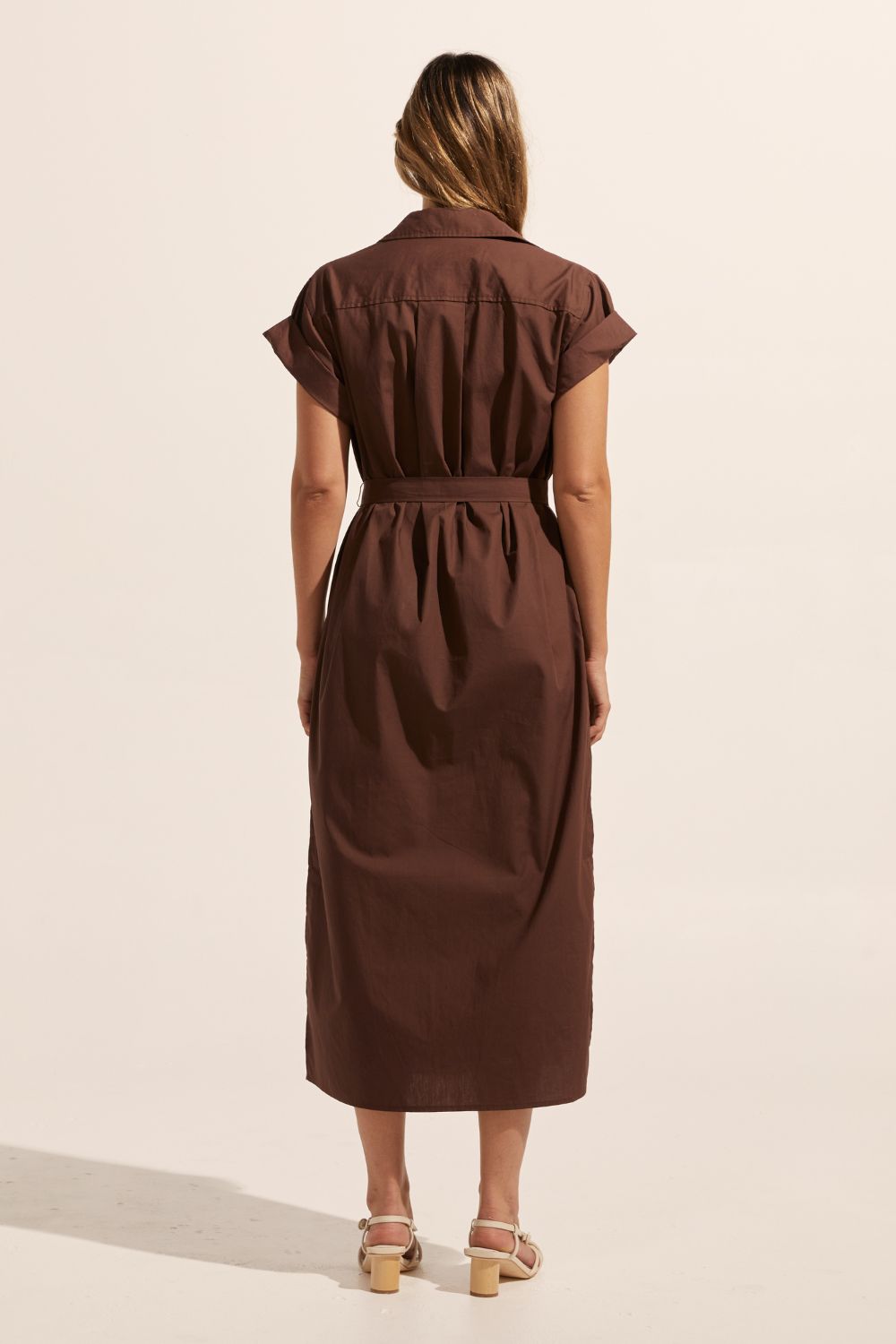 brown, midi dress, fabric belt, button down, cuffed short sleeve, collar, dress, side splits, back image