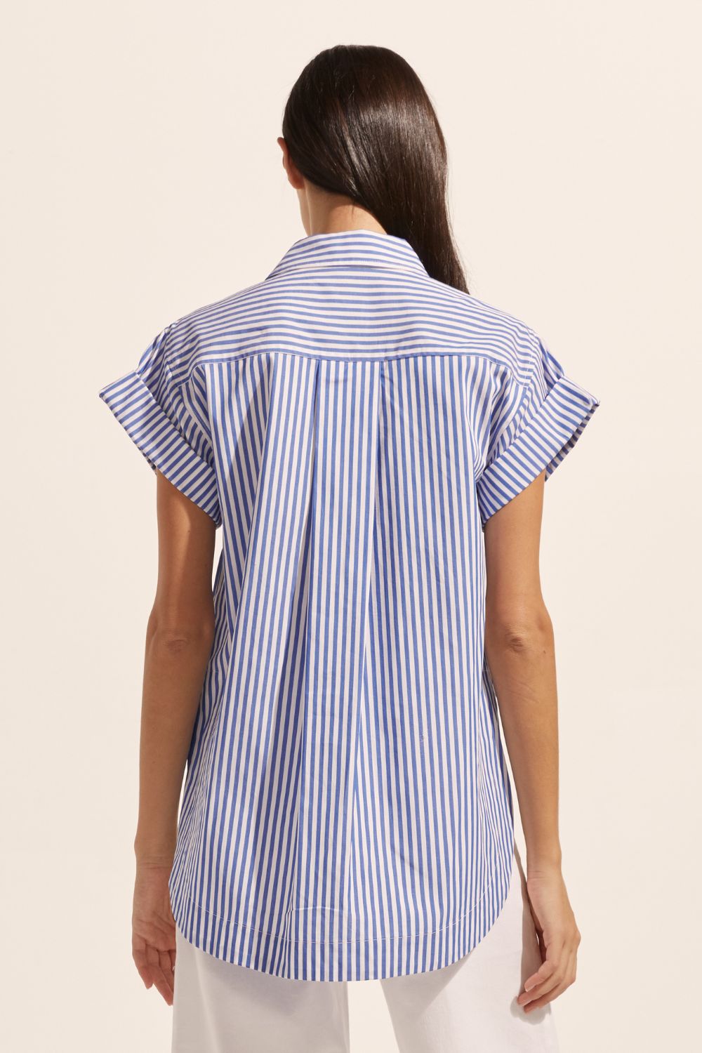 blue and white stripe, cuffed short sleeve, high-low hemline, covered placket, oversized patch pockets, shirt, top, back image