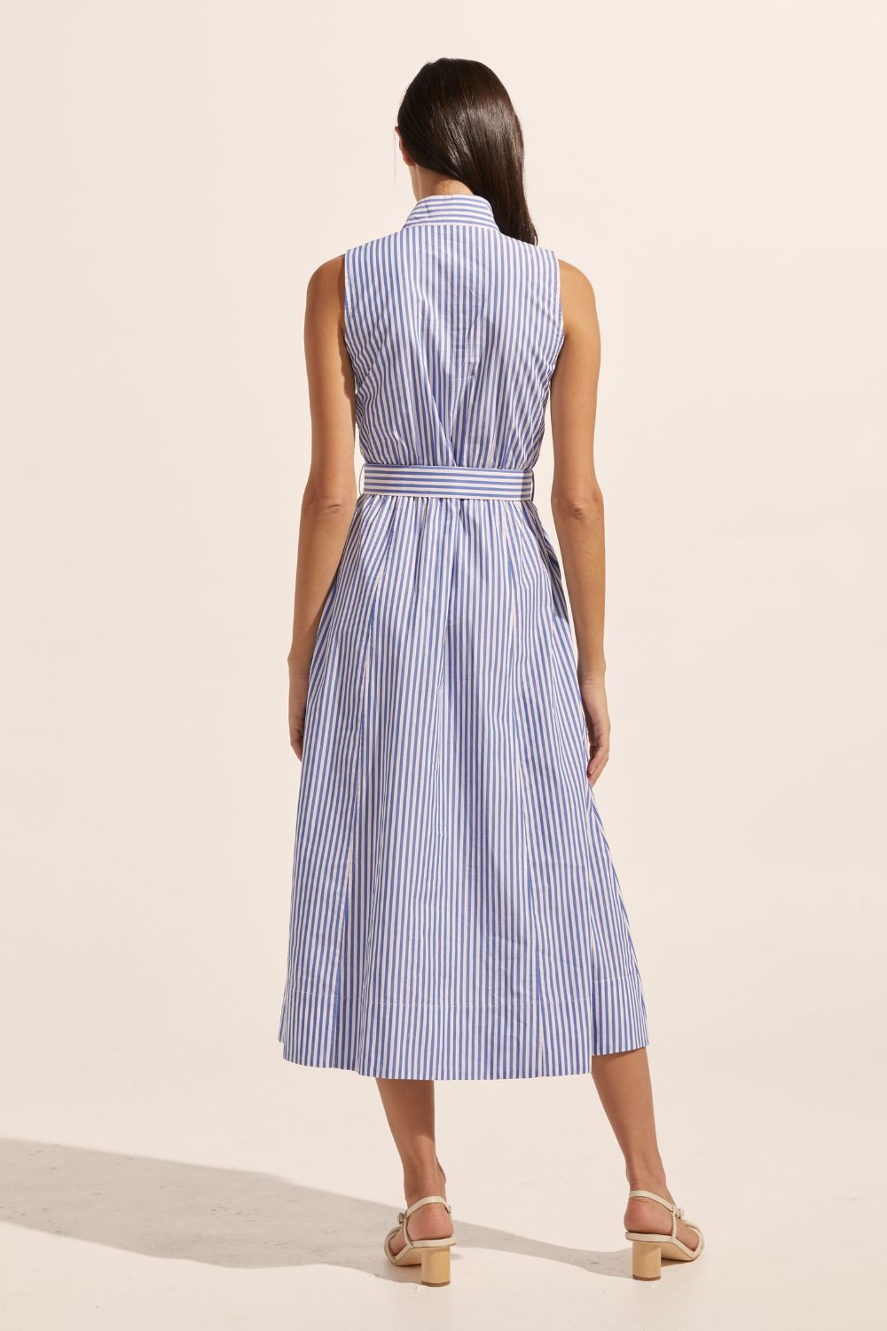 blue and white stripe, high neckline, side pockets, oversized patch pockets, covered placket, d-ring fabric belt, sleeveless, midi dress, back image
