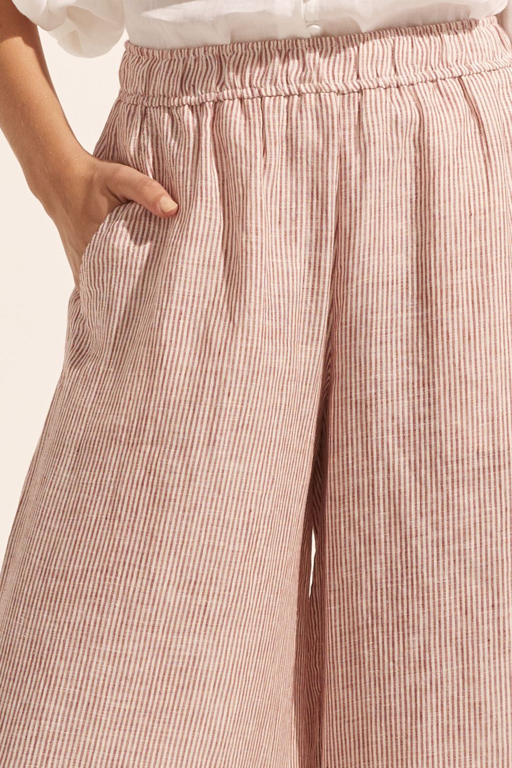 ginger and white stripe, pants, elasticated waist, side pockets, wide leg, close up image