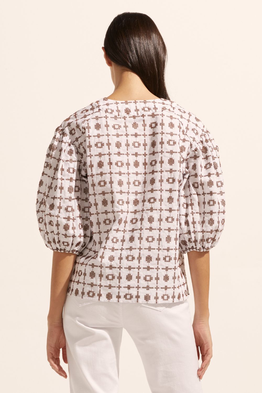 brown and white, top, mid length sleeve, button down neckline, embroidered, back image