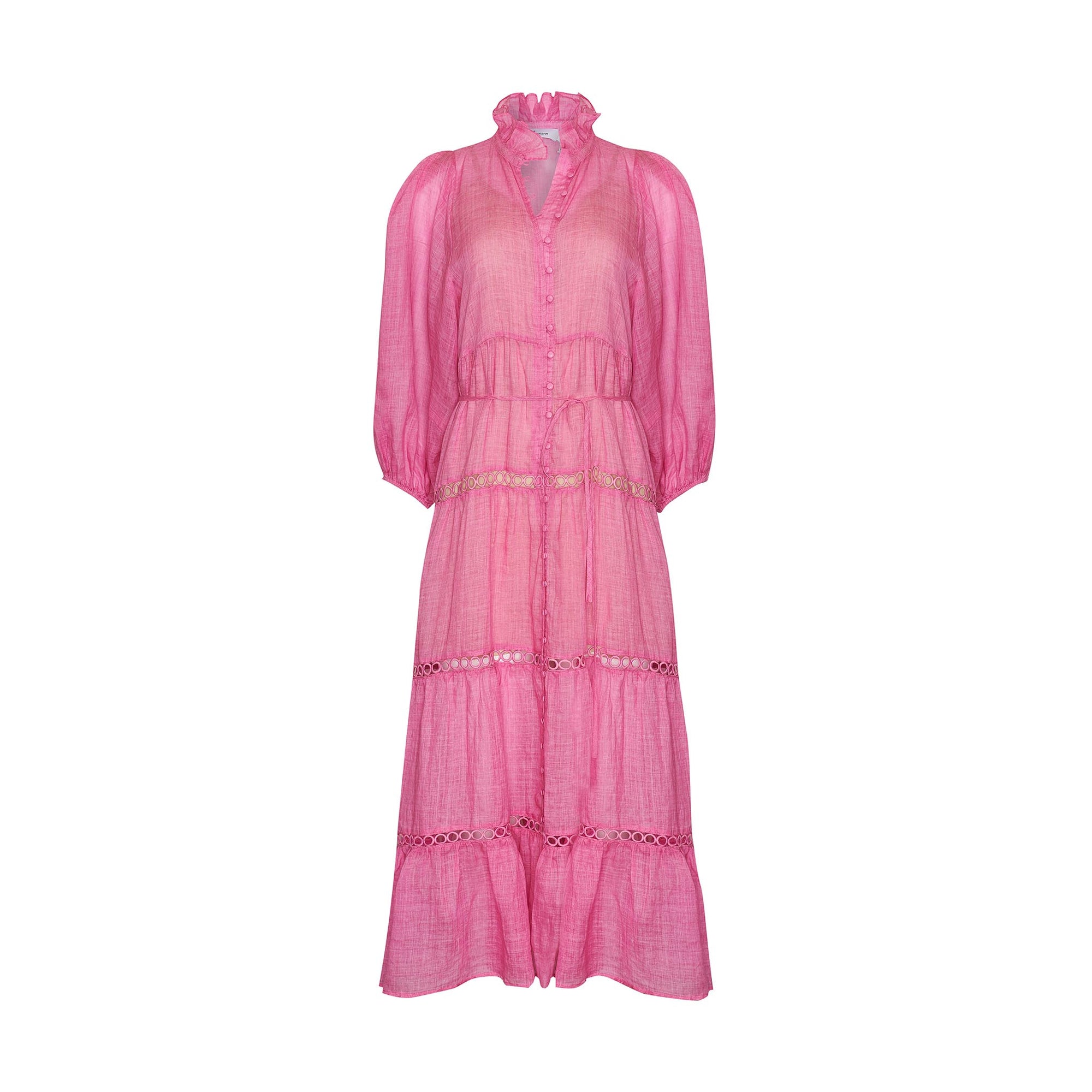 pink, dress, buttons through centre, ruffle collar, mid length sleeve, self tie fabric belt, midi dress, tiered skirt, product image