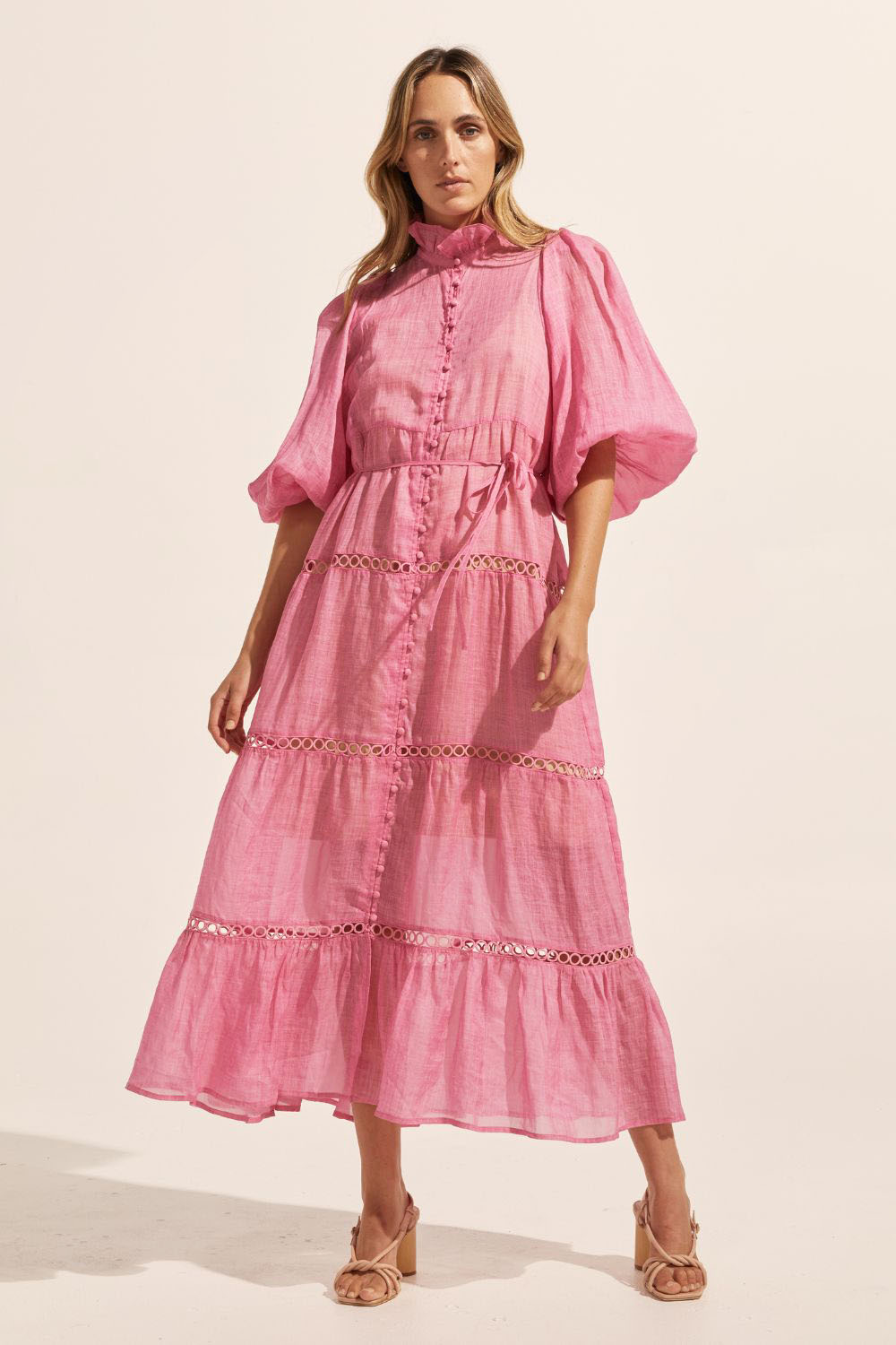pink, dress, buttons through centre, ruffle collar, mid length sleeve, self tie fabric belt, midi dress, tiered skirt, front image