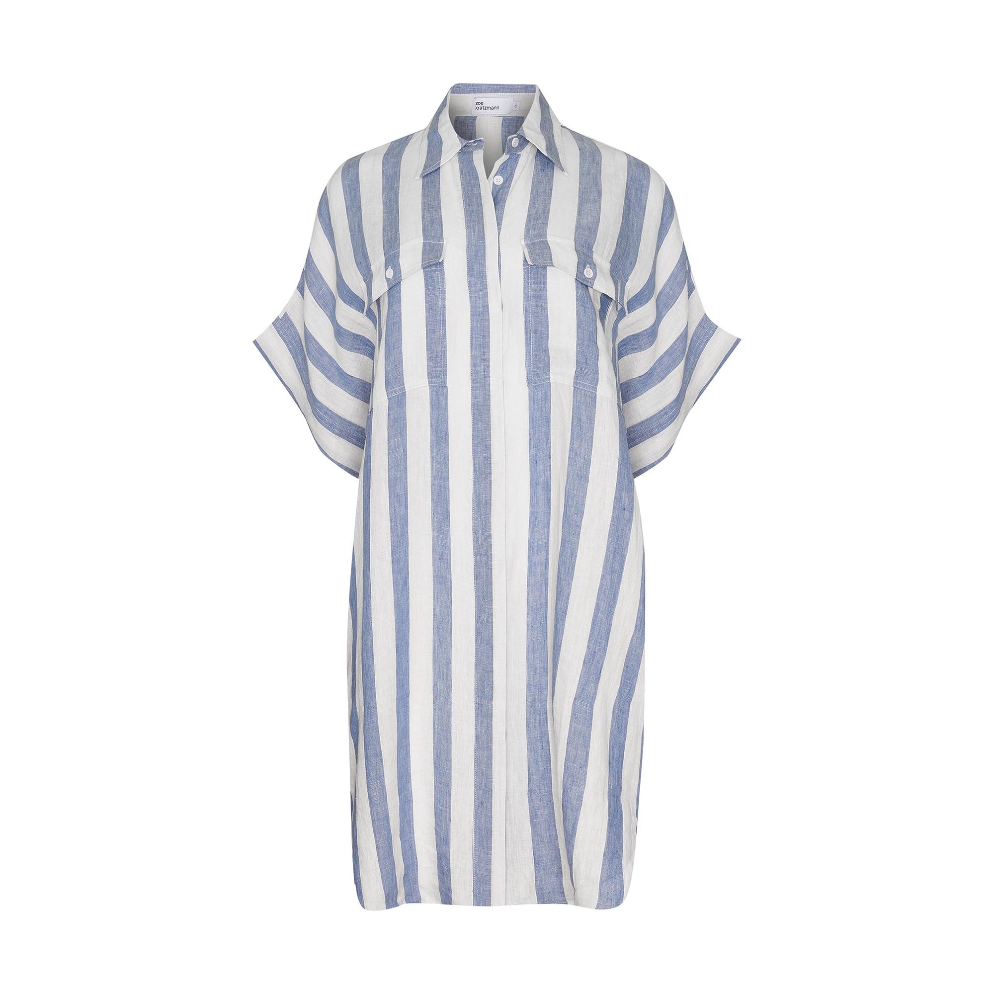 blue and white stripe, dress, mid length sleeves, oversized pockets, button down, collared dress, product image