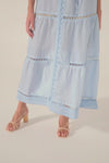 blue, maxi dress, sleeveless, button down centre, high neck, circular lace design, self tie fabric belt, product video