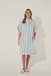 blue and white stripe, dress, mid length sleeves, oversized pockets, button down, collared dress, product video