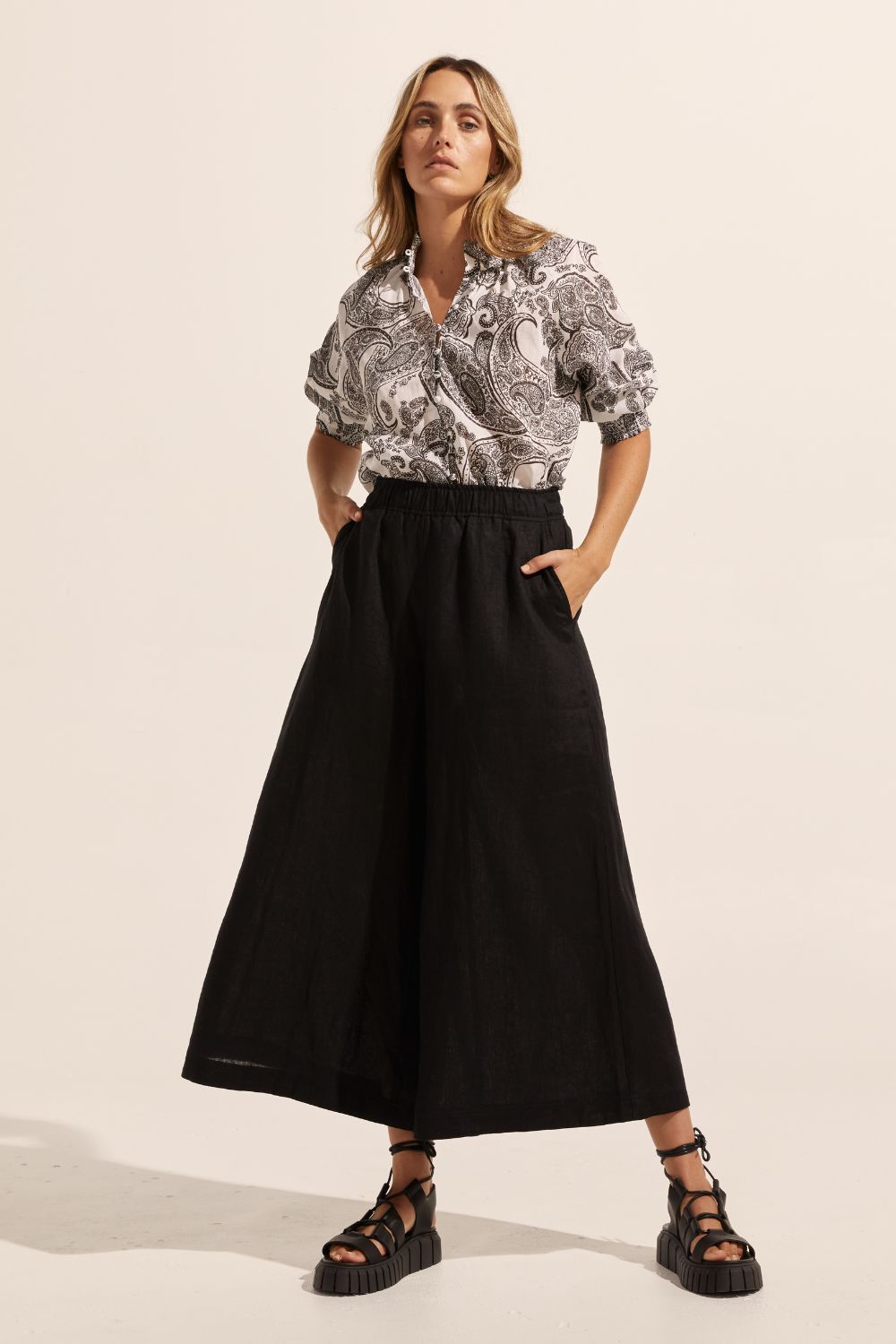 black, pants, elasticated waist, side pockets, wide leg, front image