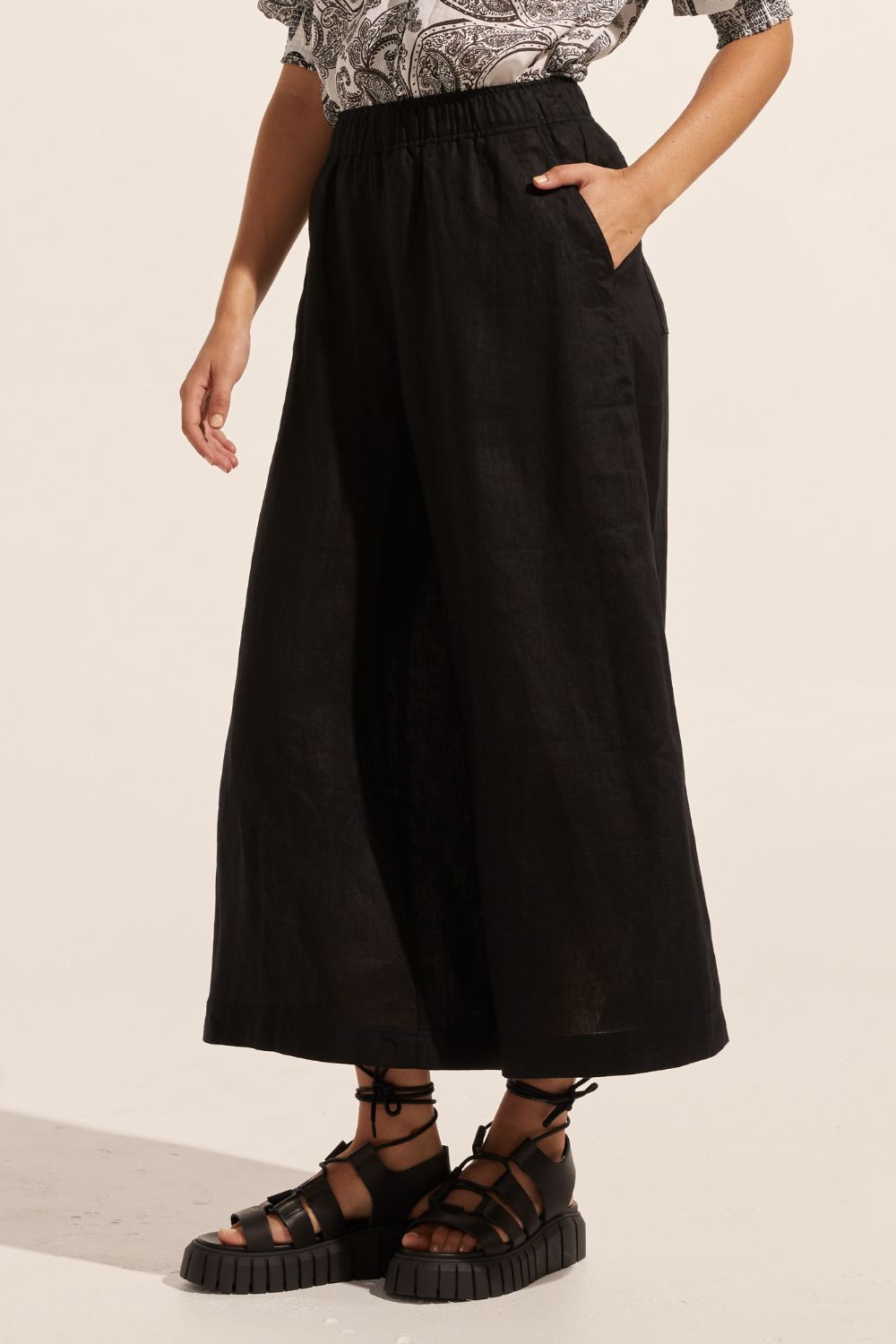 black, pants, elasticated waist, side pockets, wide leg, side image