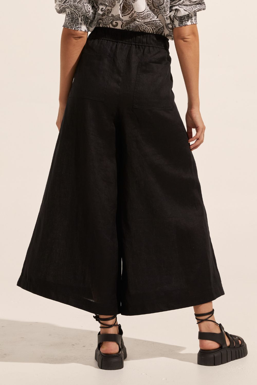 black, pants, elasticated waist, side pockets, wide leg, back image