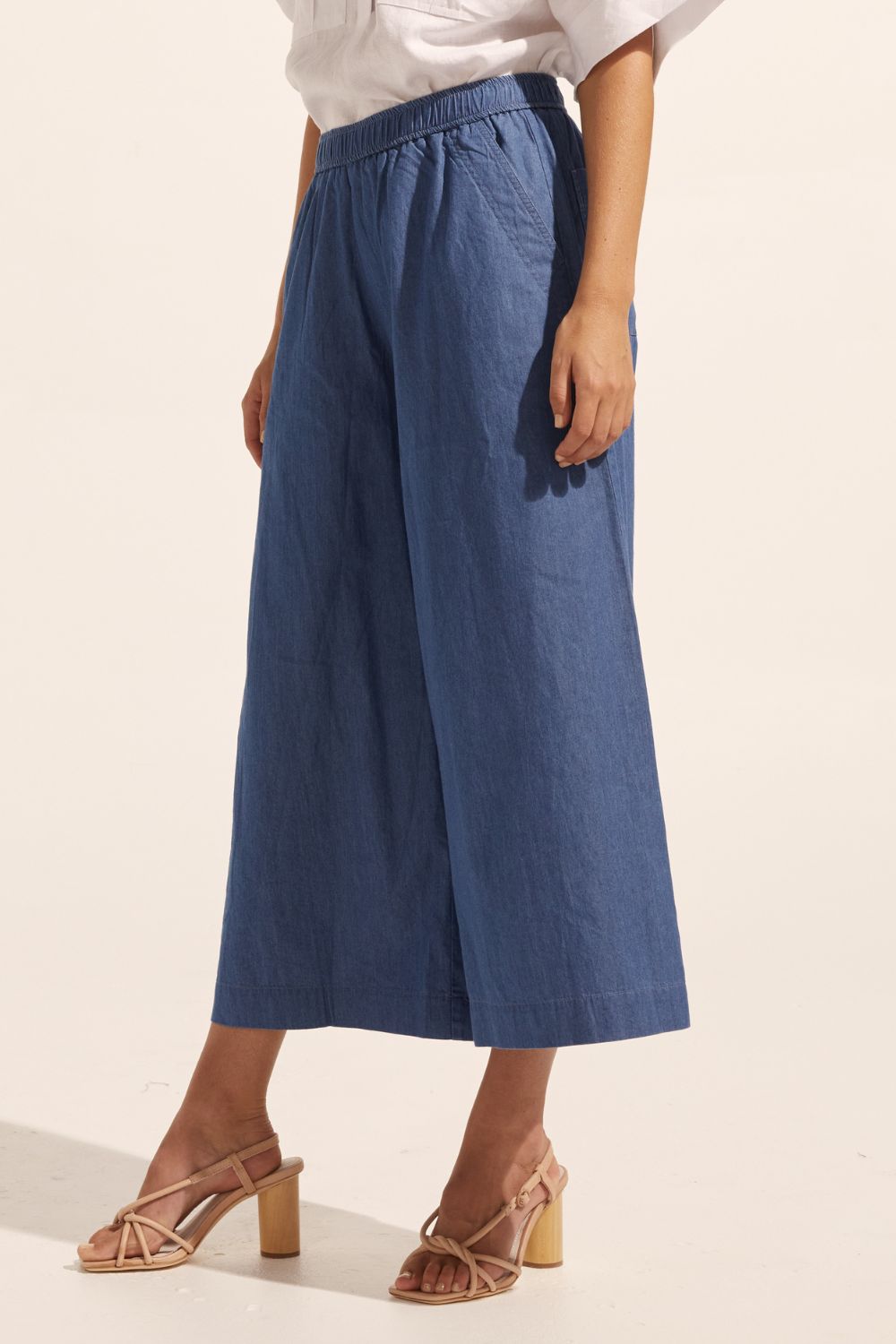 blue, pants, elasticated waist, side pockets, wide leg, side image