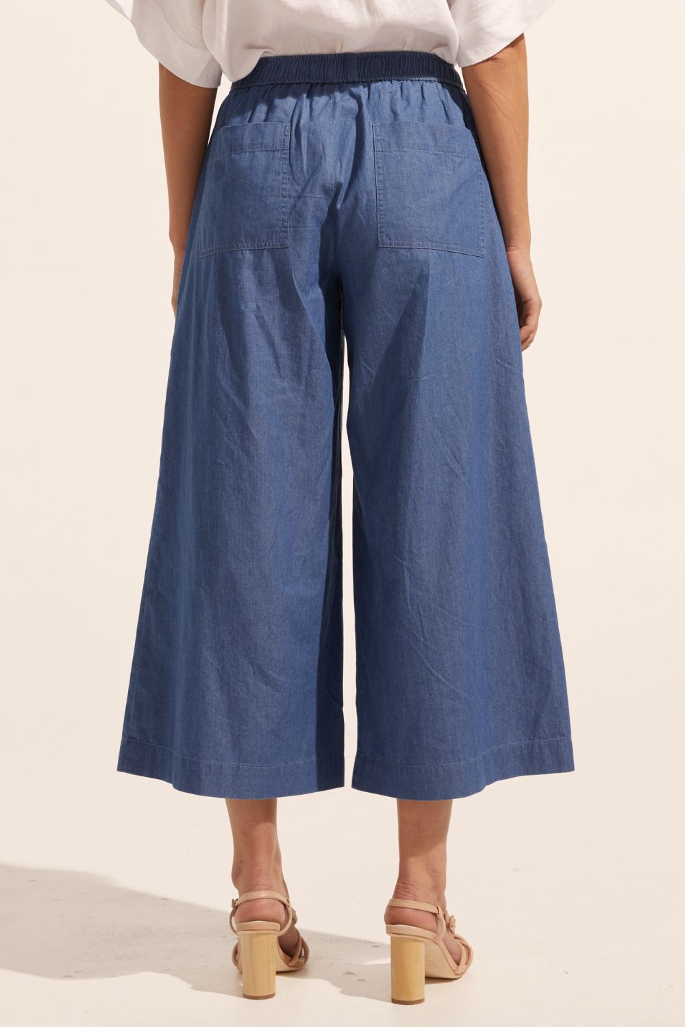 blue, pants, elasticated waist, side pockets, wide leg, back image