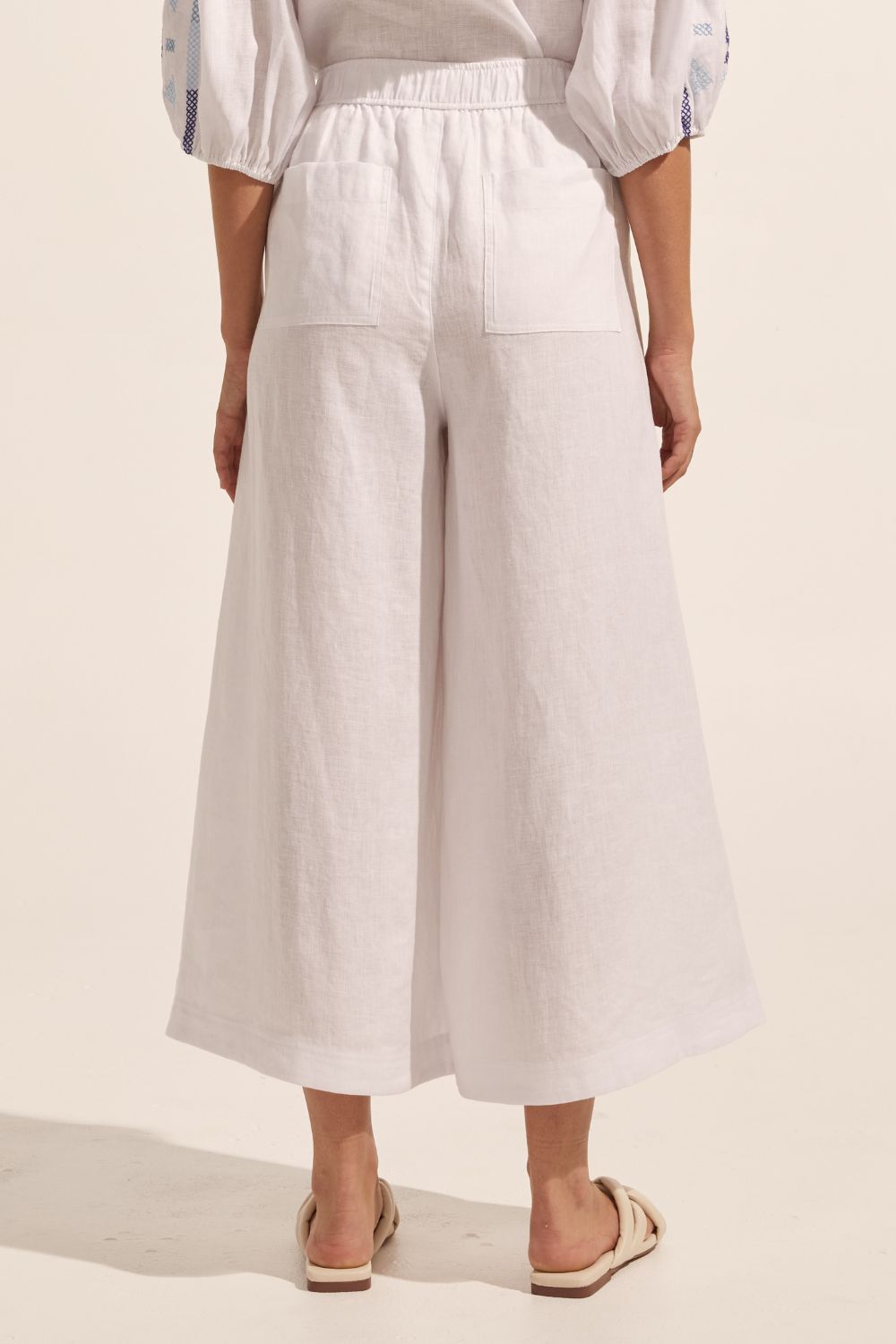 white, pants, elasticated waist, side pockets, wide leg, back image