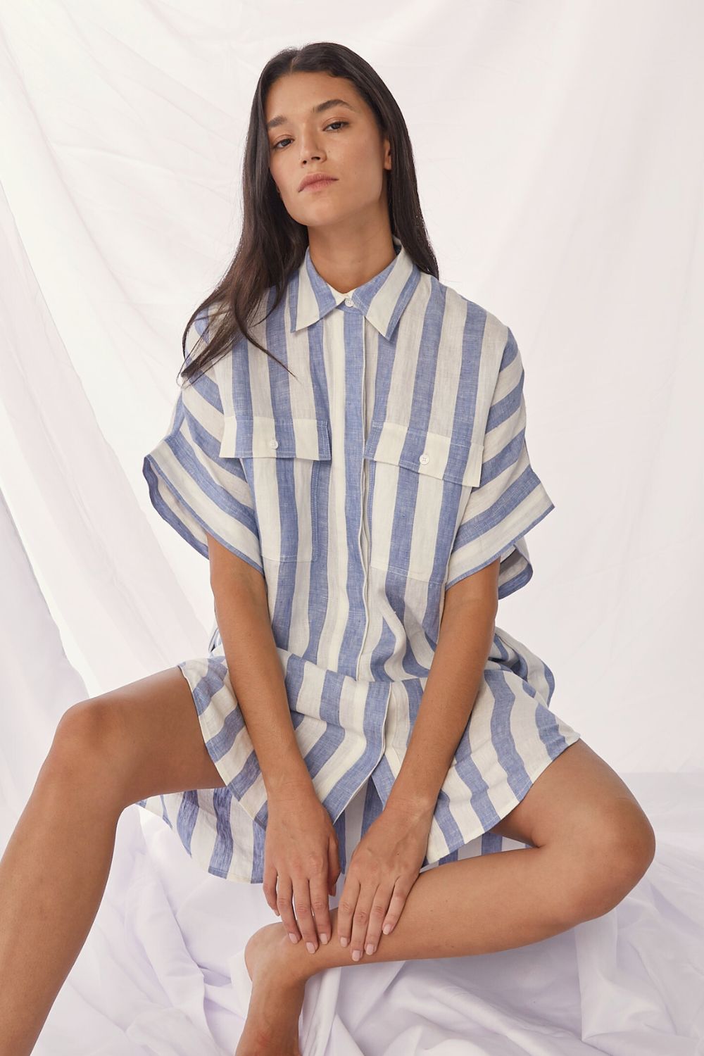 blue and white stripe, dress, mid length sleeves, oversized pockets, button down, collared dress, front image