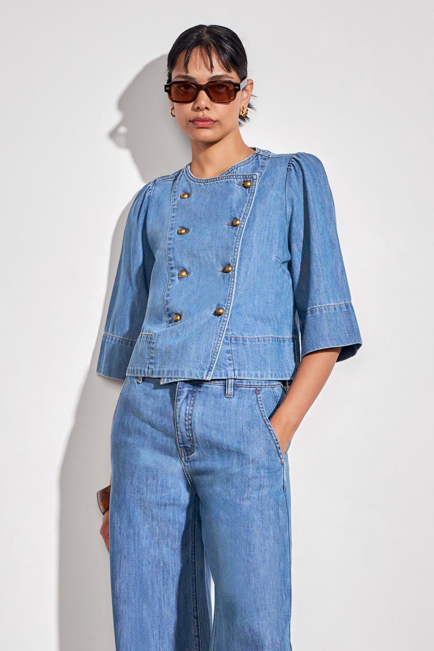 plunge jacket - mid wash denim