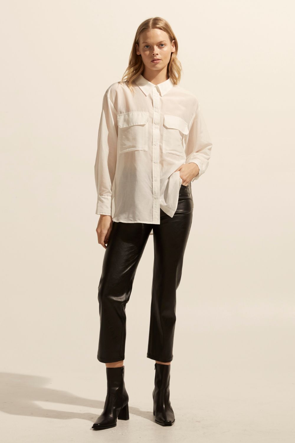 cream, shirt, long-sleeve, button-up shirt, collar, front patch pockets, front image