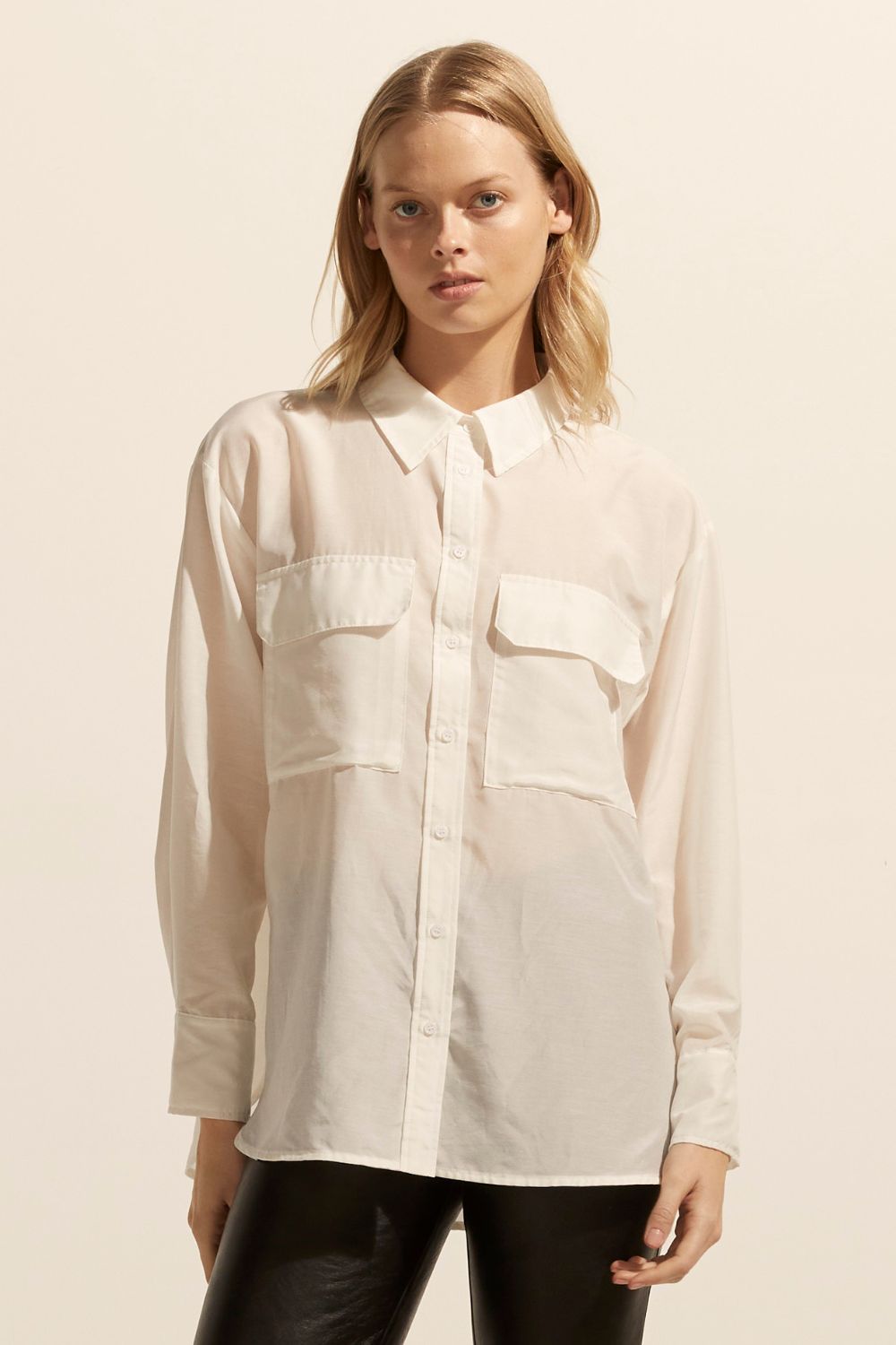 cream, shirt, long-sleeve, button-up shirt, collar, front patch pockets, front image