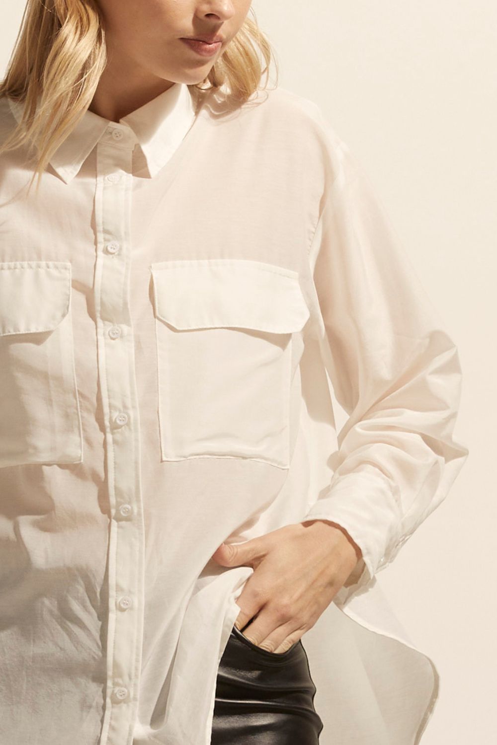 cream, shirt, long-sleeve, button-up shirt, collar, front patch pockets, detail image
