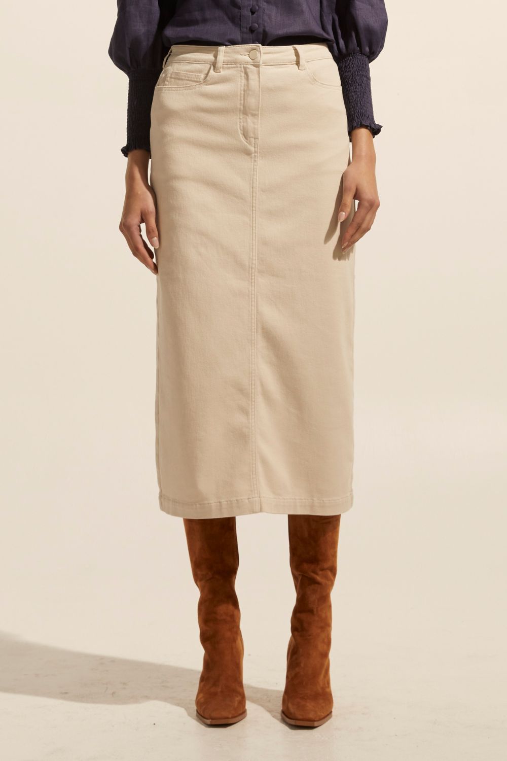 stone, cream midi skirt, denim midi skirt, denim skirt, side and back pockets, front image