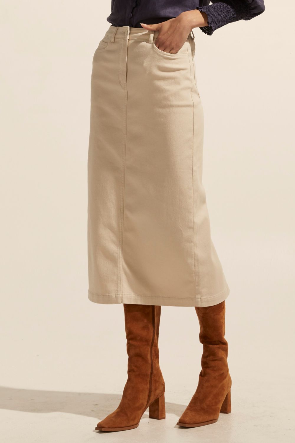 stone, cream midi skirt, denim midi skirt, denim skirt, side and back pockets, side image