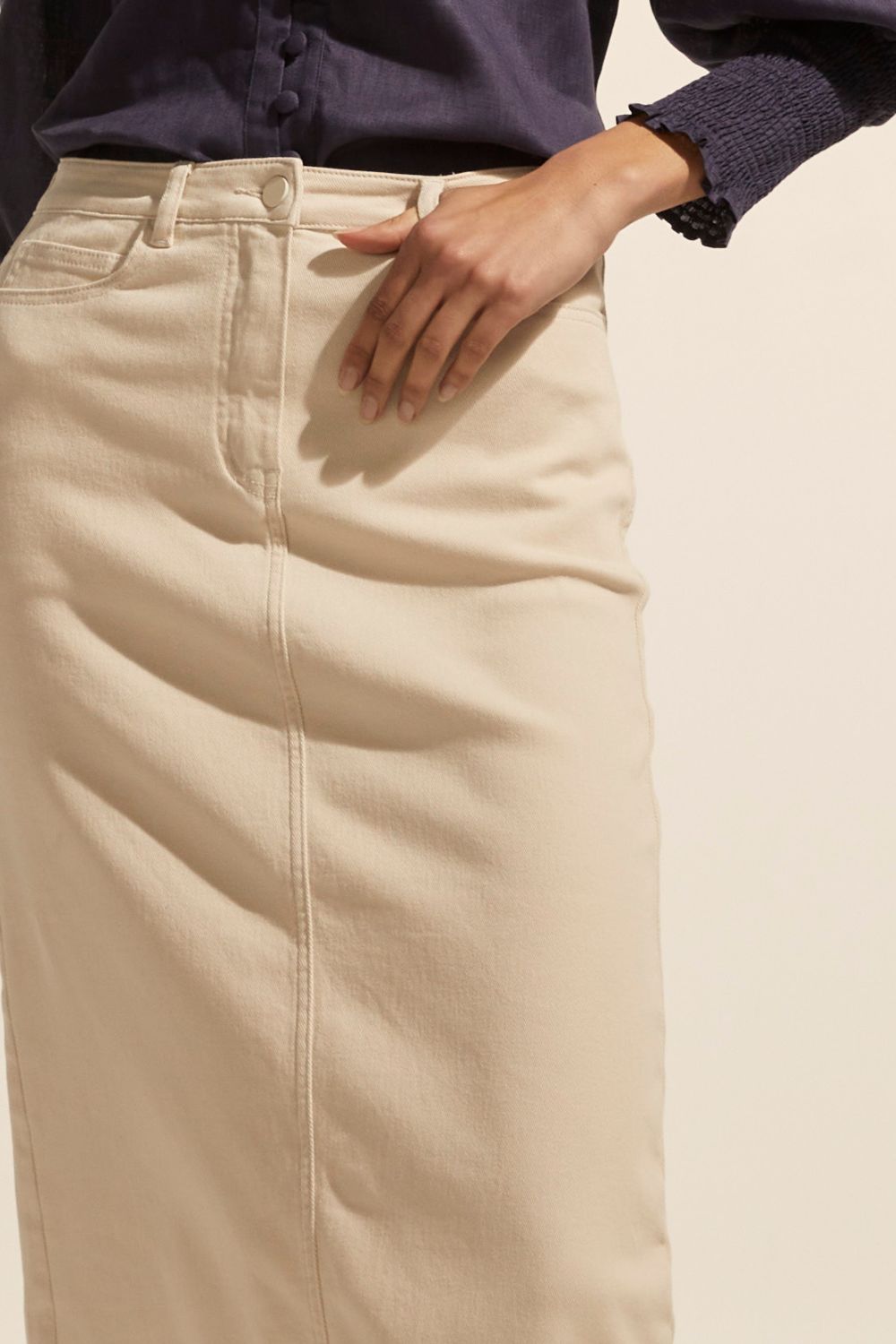 stone, cream midi skirt, denim midi skirt, denim skirt, side and back pockets, detail image
